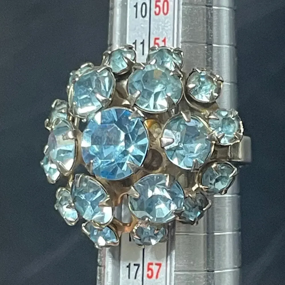 Vtg Light Blue Rhinestone Cluster Statement Cocktail Ring Sz 7 Adjustable Glows